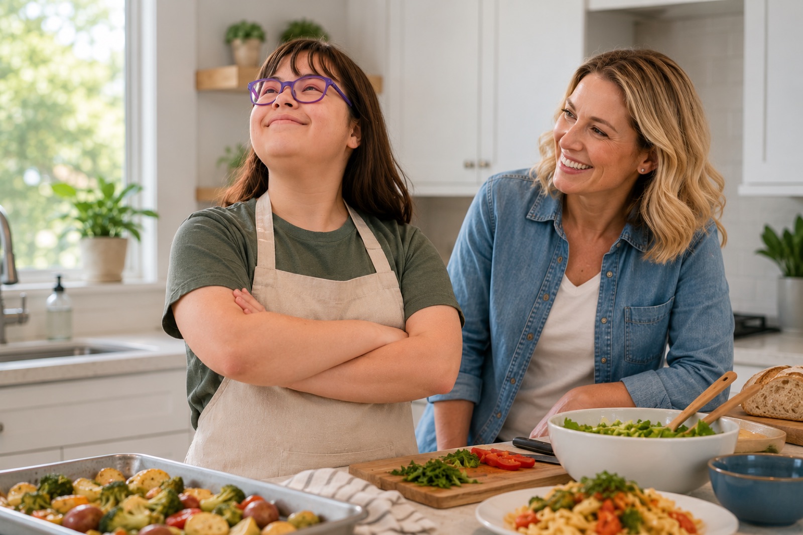 A learner and instructor sharing a successful cooking session in a kitchen
