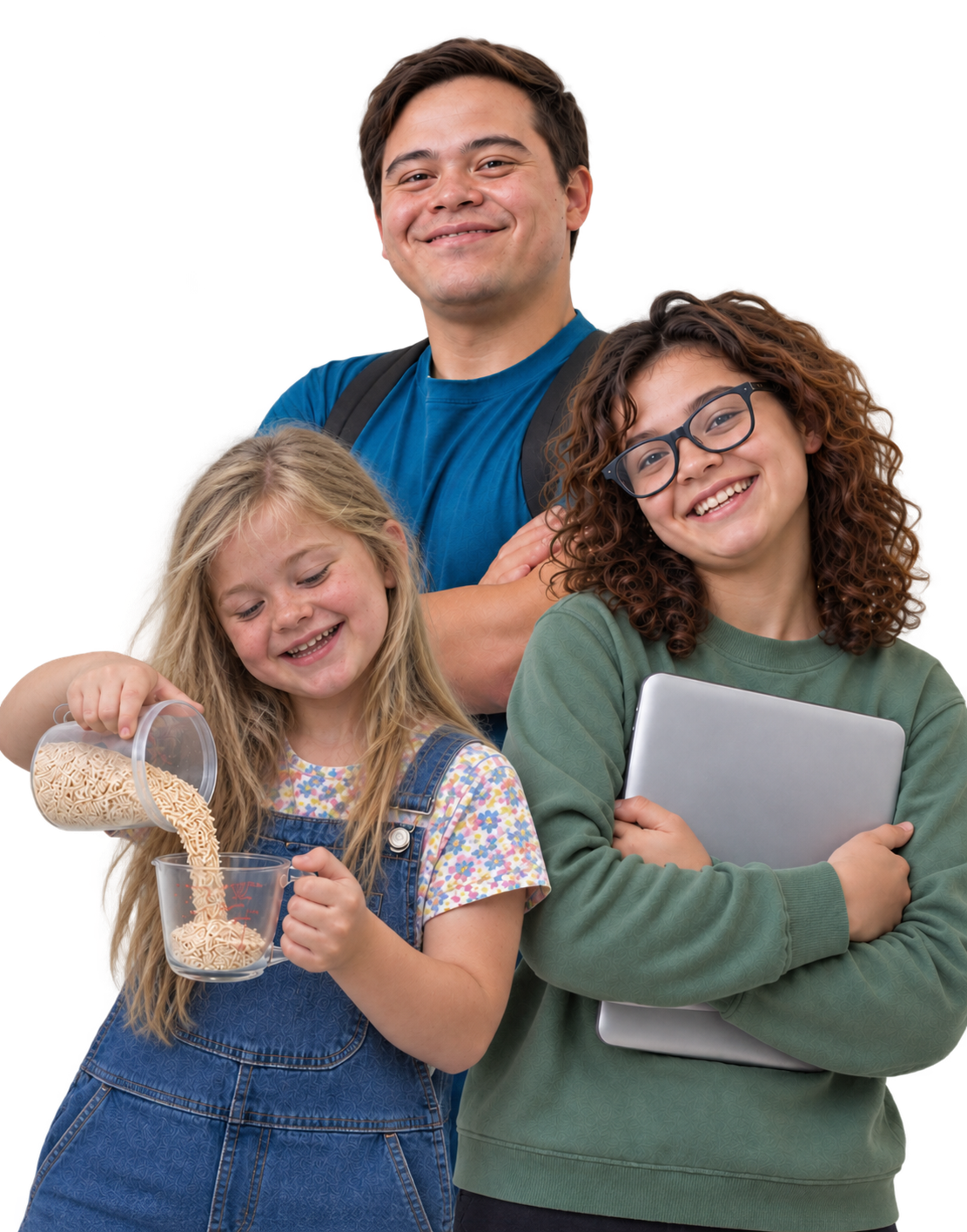 Three people together, one measuring oats and another holding a laptop