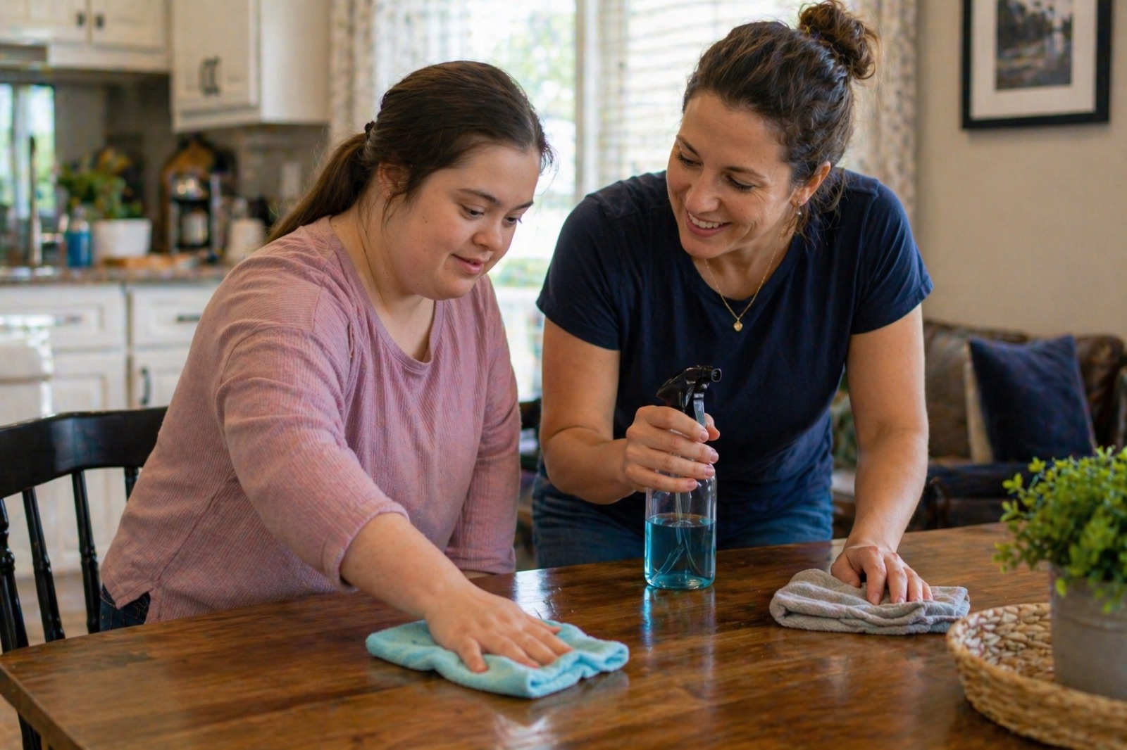 An instructor and learner practicing household cleaning together