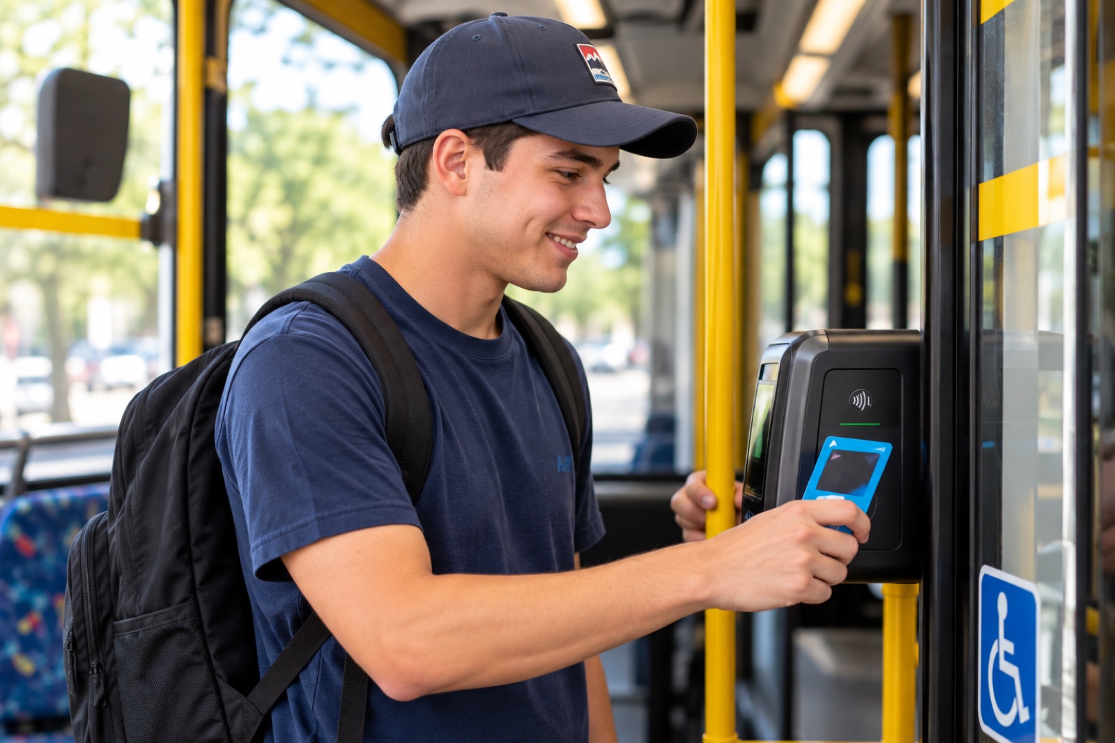 A young person using a fare card while riding public transit